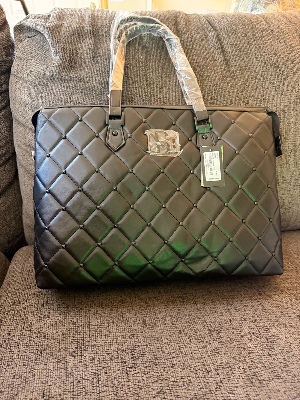 Badgley Mischka Black Quilted Tote with Tag Detail
